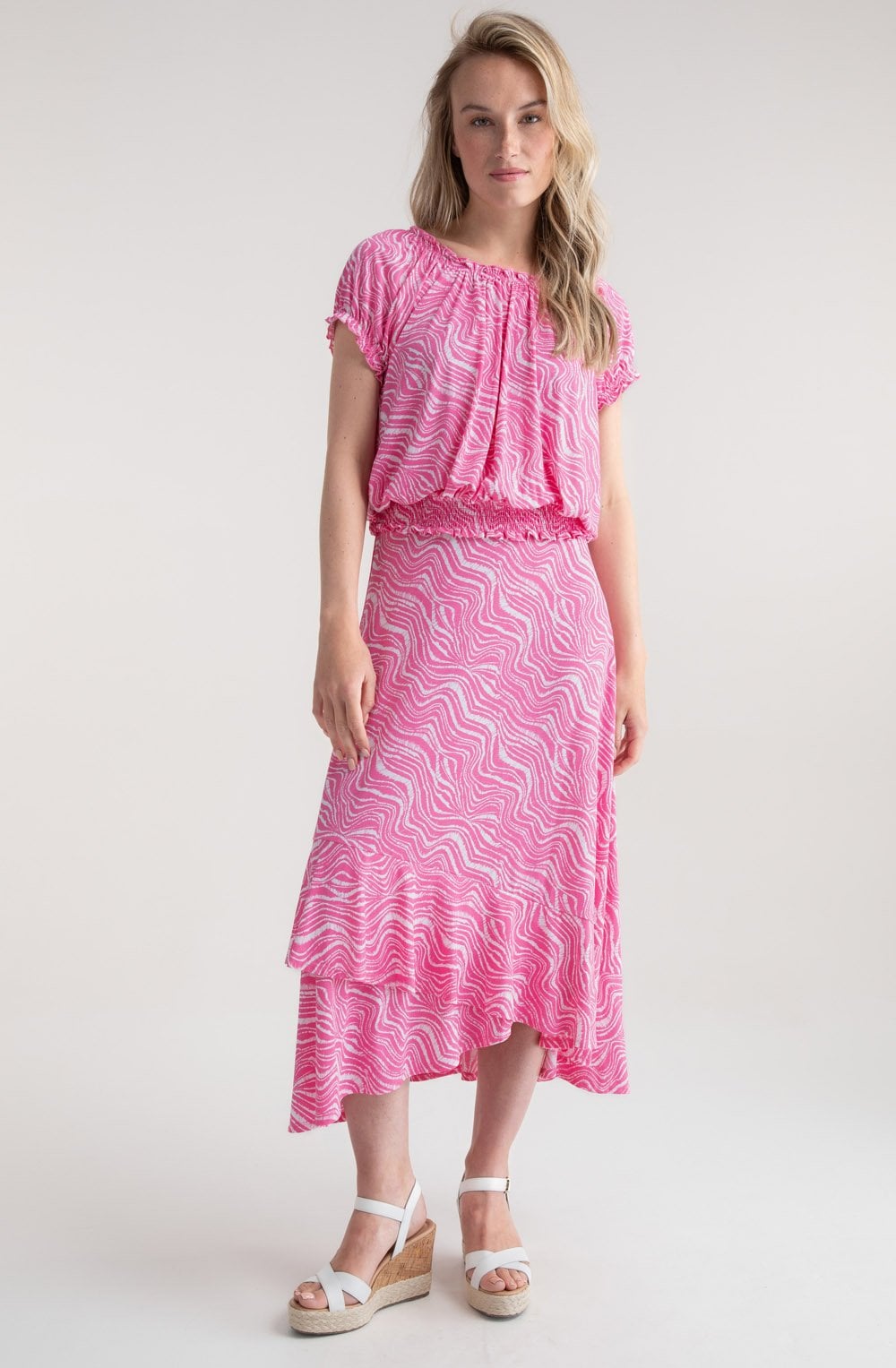 Pink and White Tiered Jersey Maxi Skirt