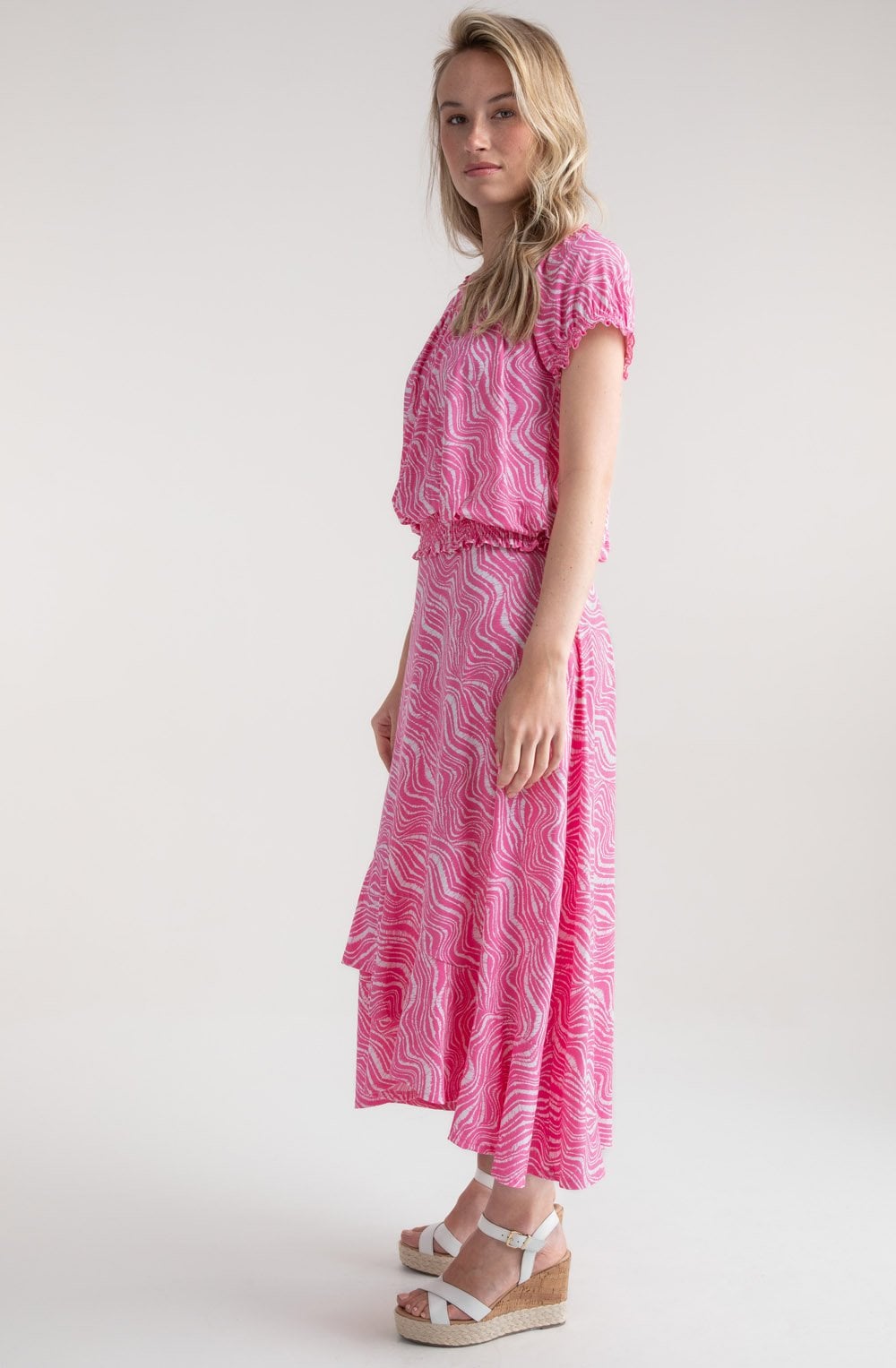 Pink and White Tiered Jersey Maxi Skirt