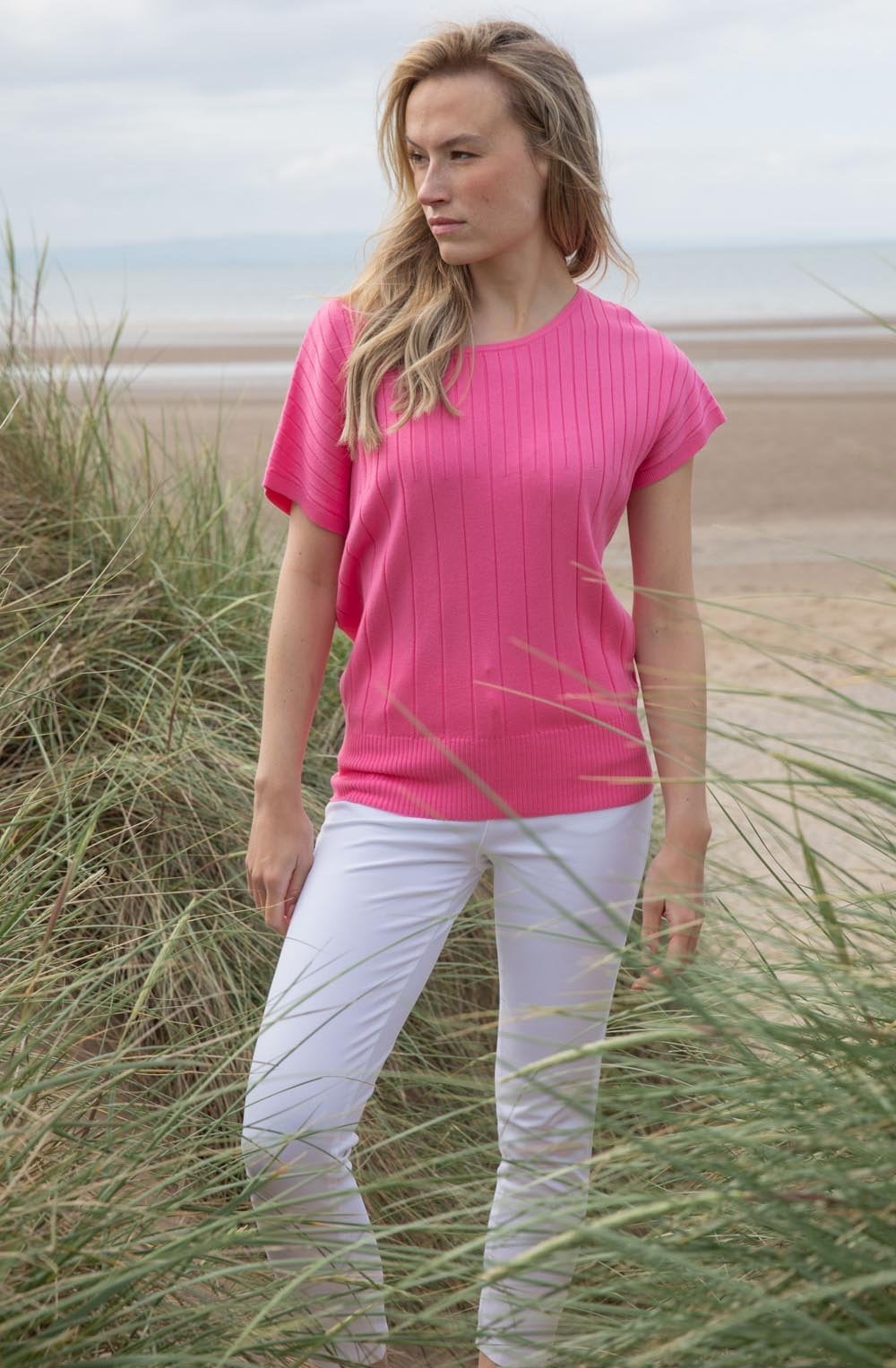 Pink Fitted Hem Ribbed Jumper