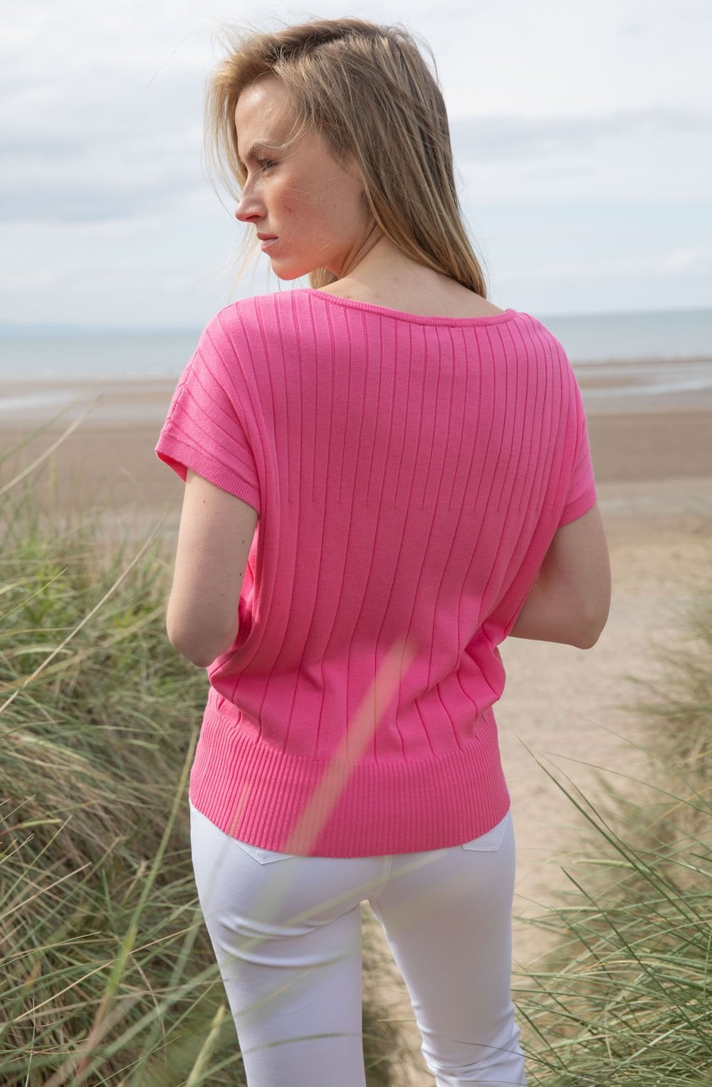 Pink Fitted Hem Ribbed Jumper