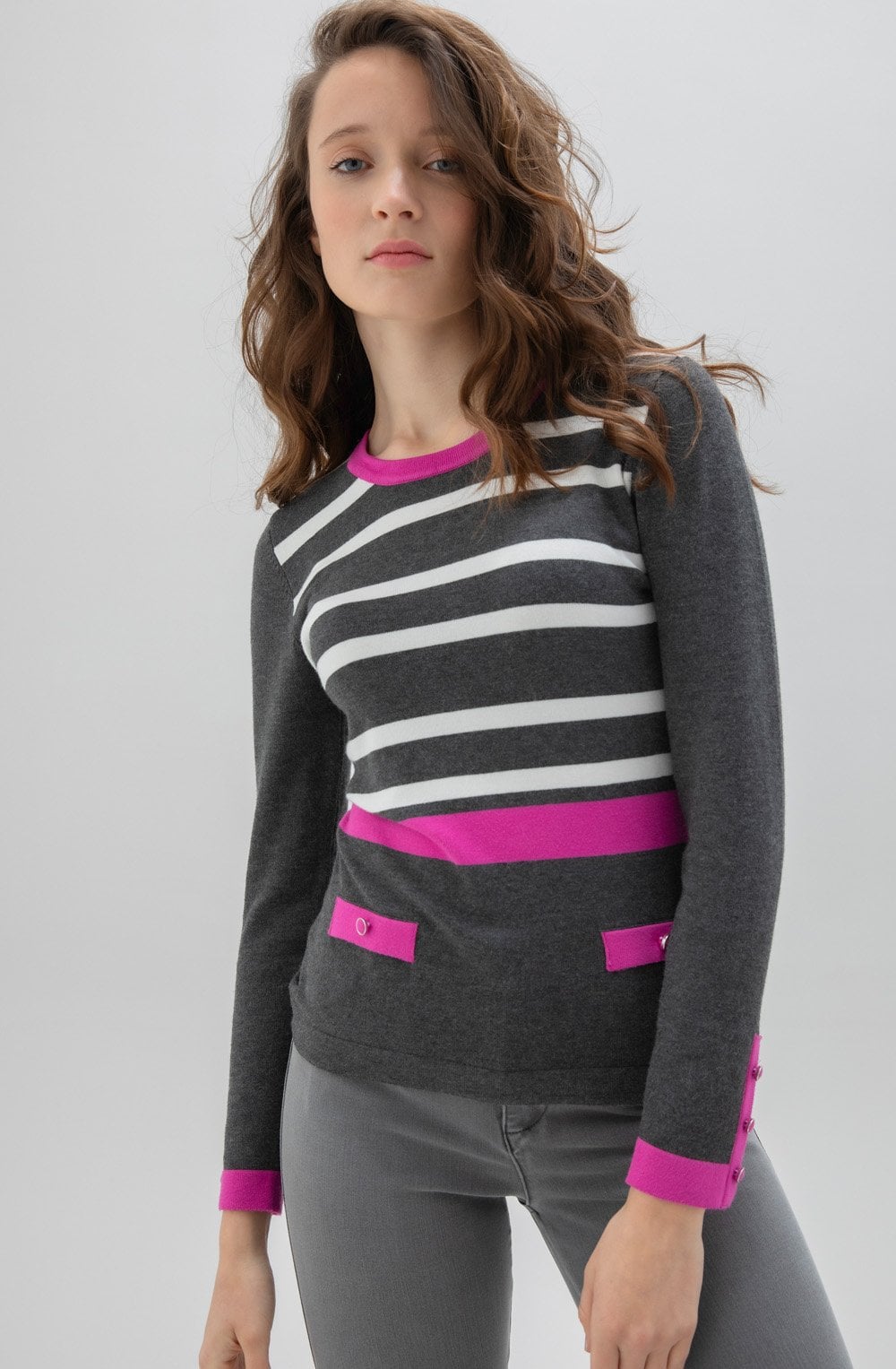 Pink Grey & White Striped Classic Jumper