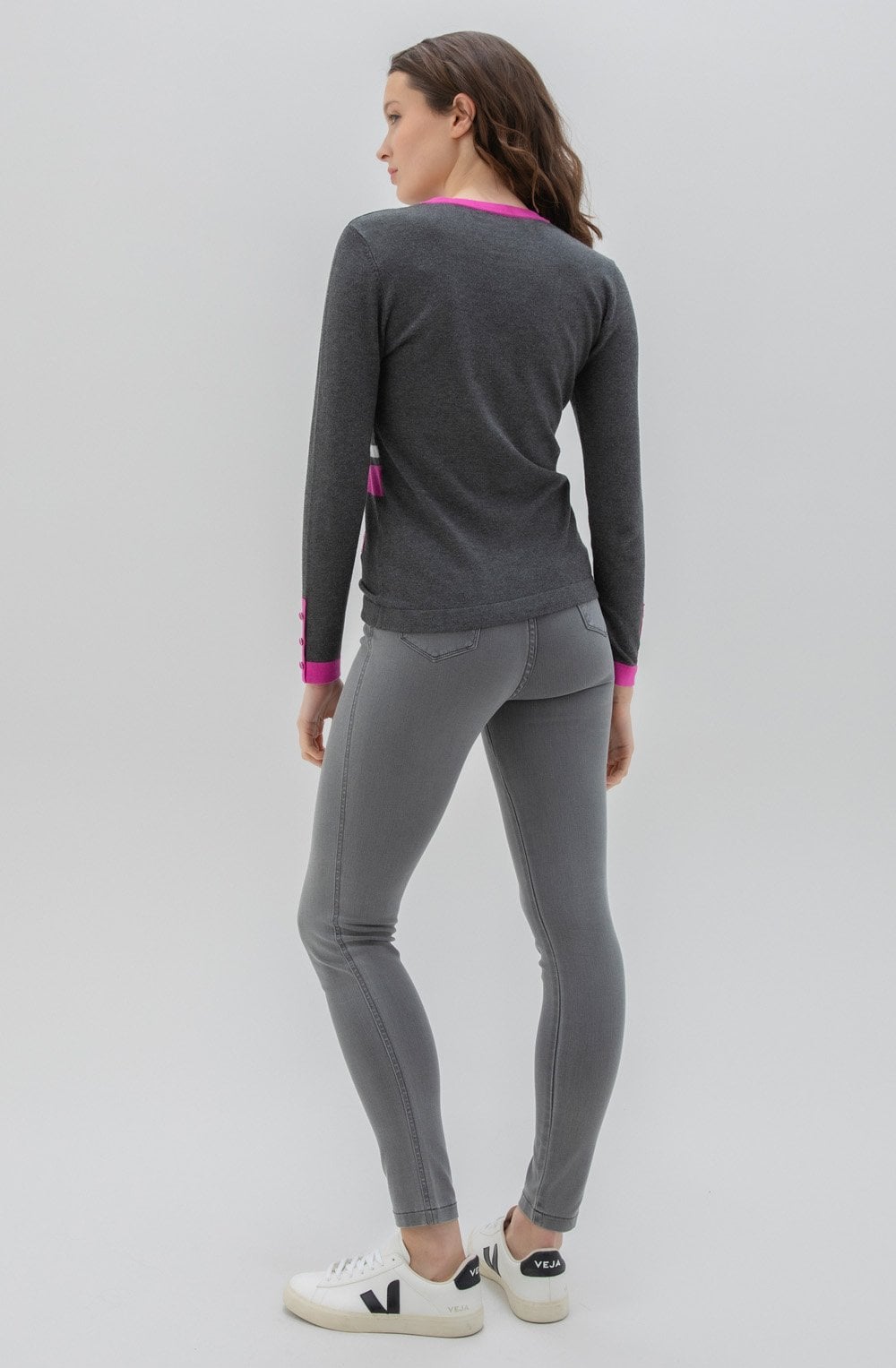 Pink Grey & White Striped Classic Jumper