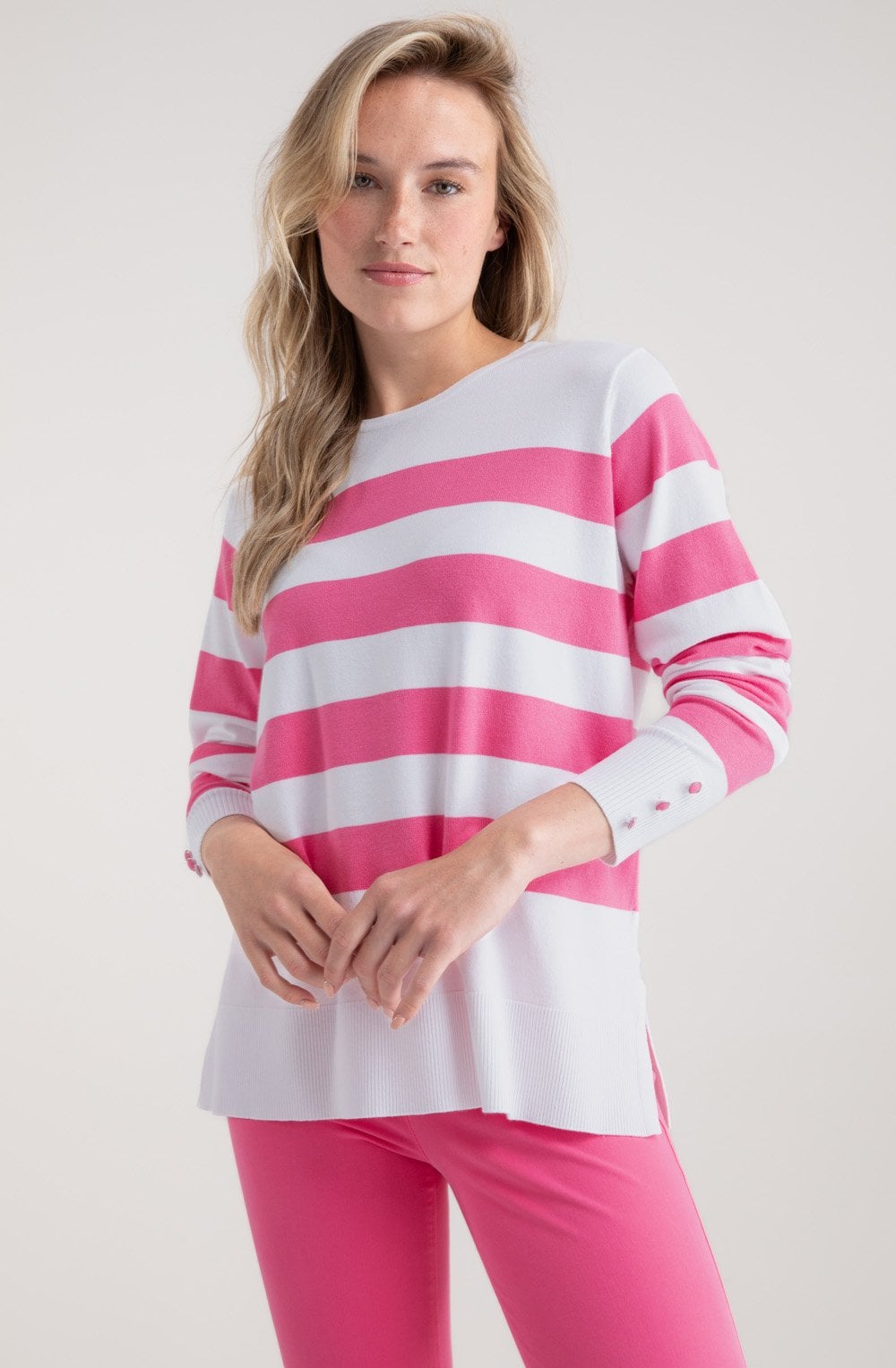 Pink Stripe Button Cuff Jumper