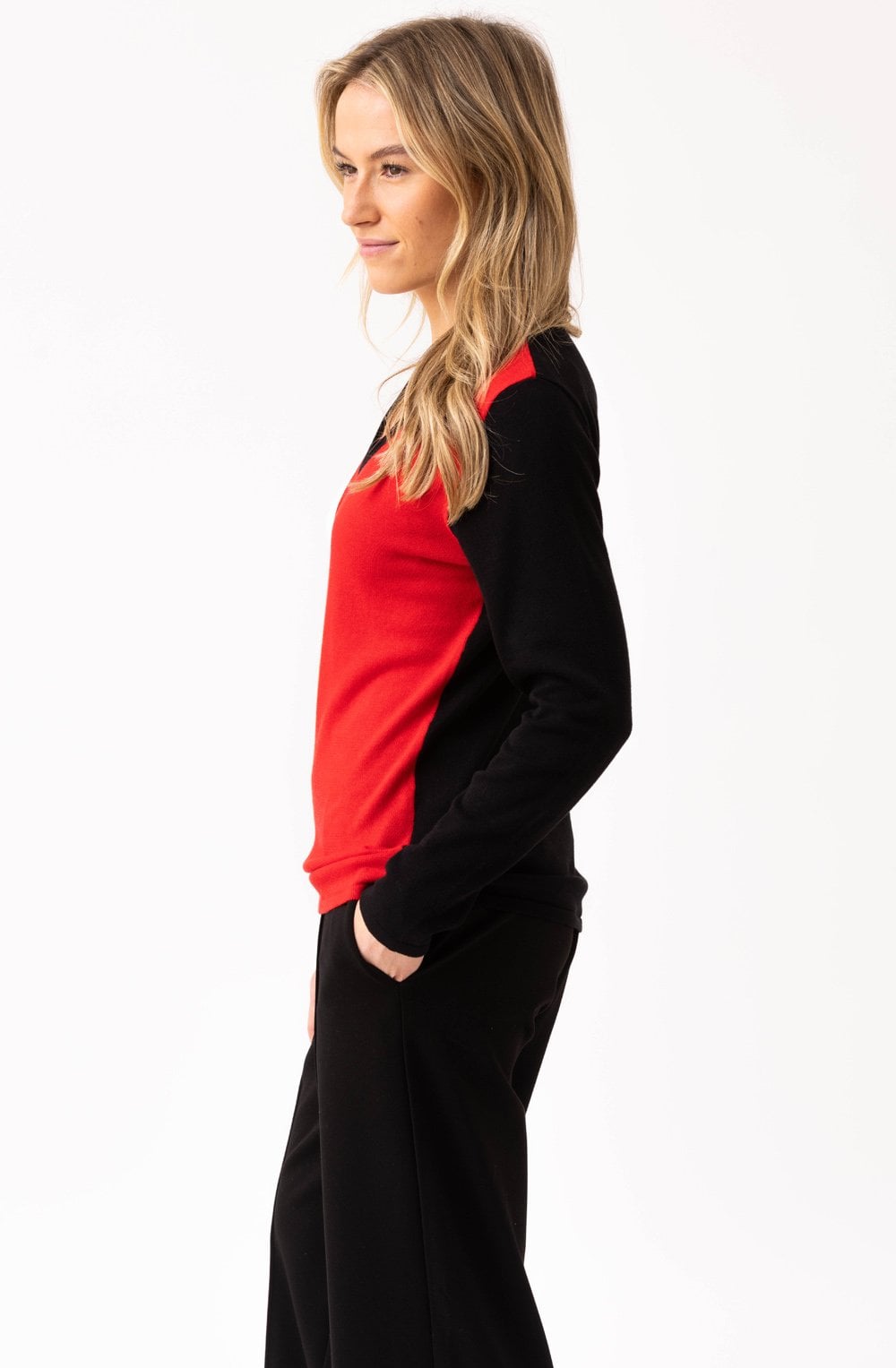 Red Asymmetric Colour Block V Neck Jumper