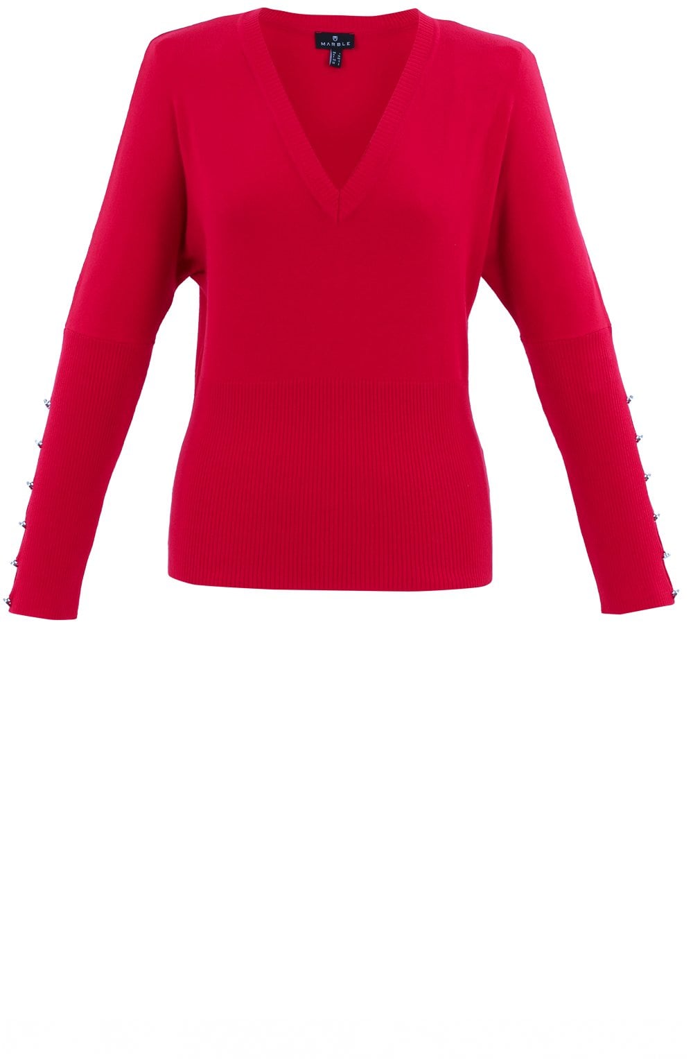 Red Batwing V Neck Sweater With Silver Buttons