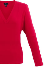 Red Batwing V Neck Sweater With Silver Buttons