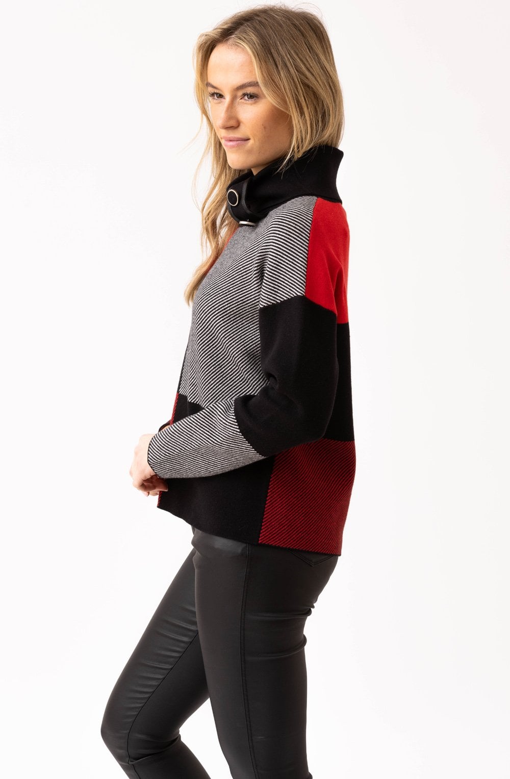Red Block Print Jumper with Cowl Neck