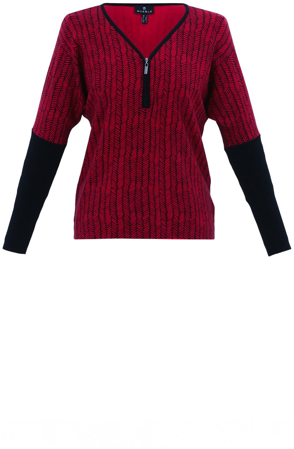 Red Chevron V Neck Zip Sweater