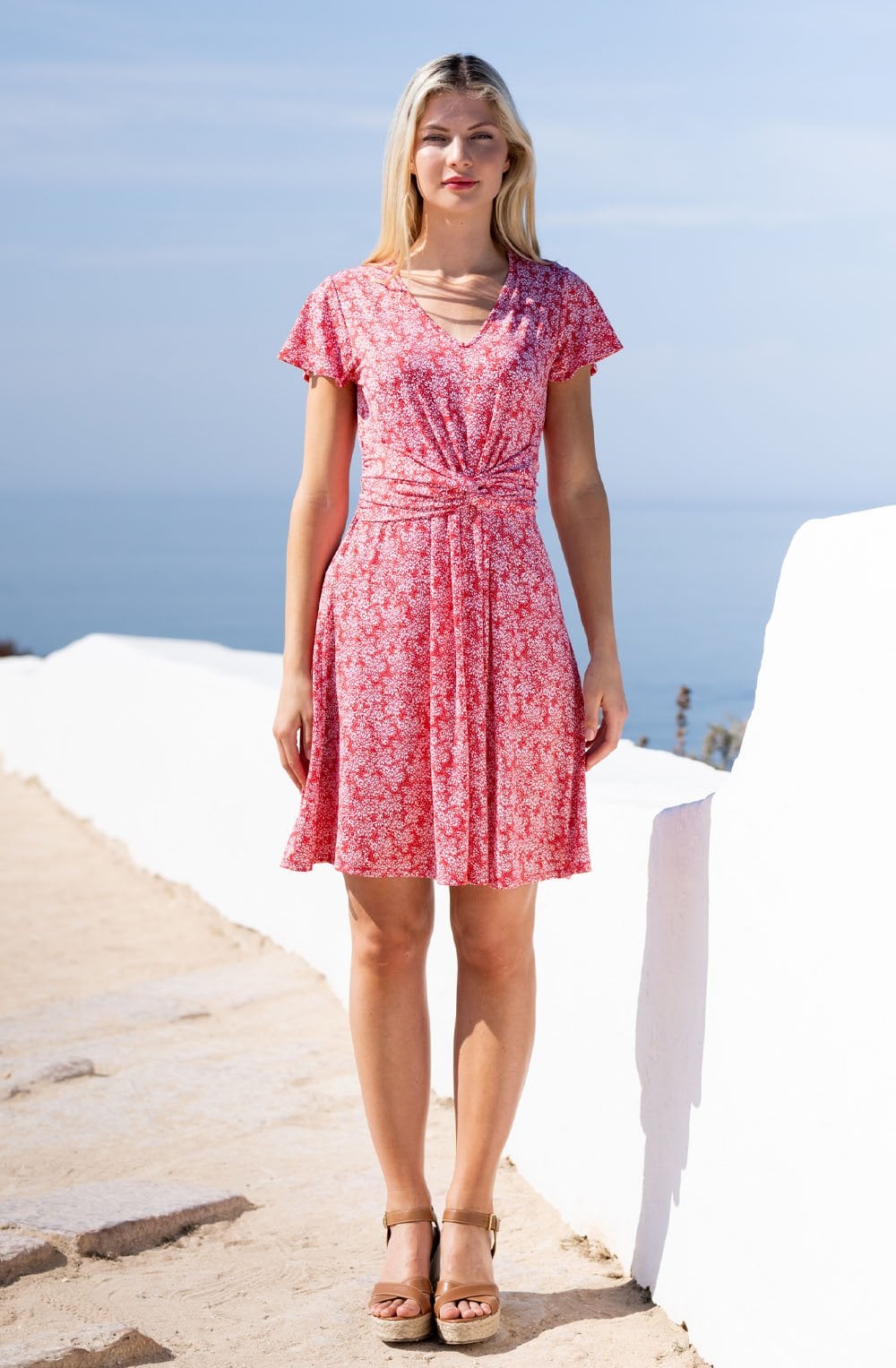Red Knotted Waist Jersey Dress