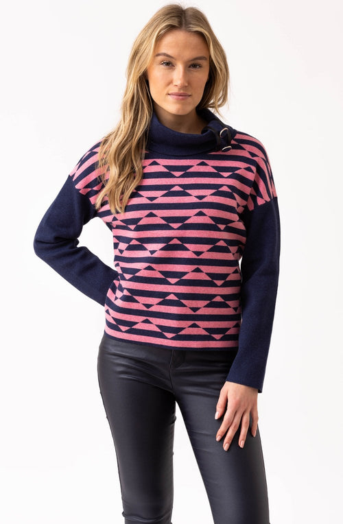 Rose and Navy Diamond Stripe Cowl Neck Jumper