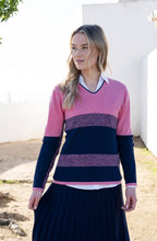 Rose and Navy Graduated Stripe V Neck