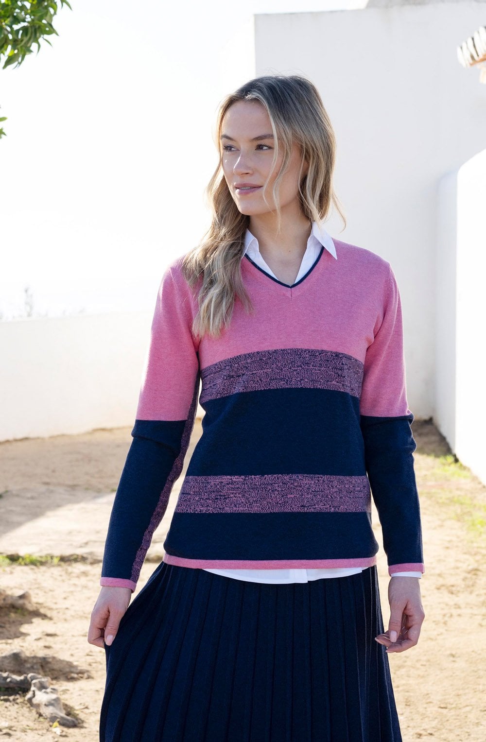 Rose and Navy Graduated Stripe V Neck