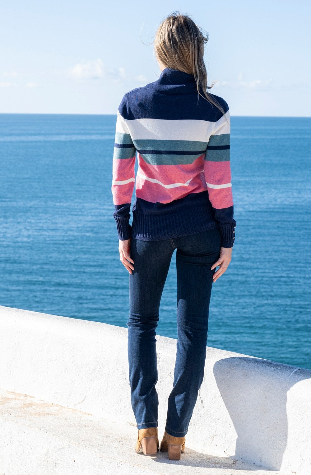Rose and Navy Striped Cowl Neck Jumper
