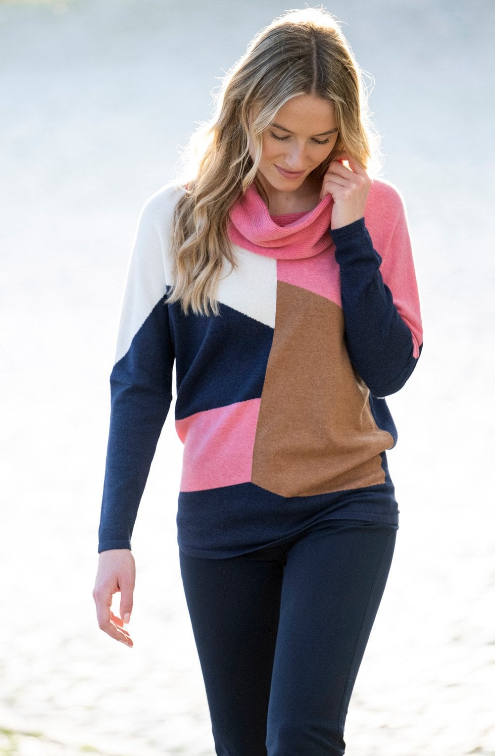Rose Colour Block Cowl Neck Jumper