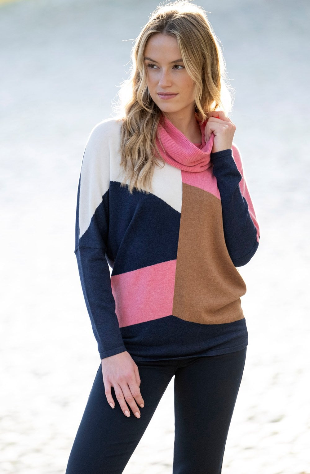 Rose Colour Block Cowl Neck Jumper