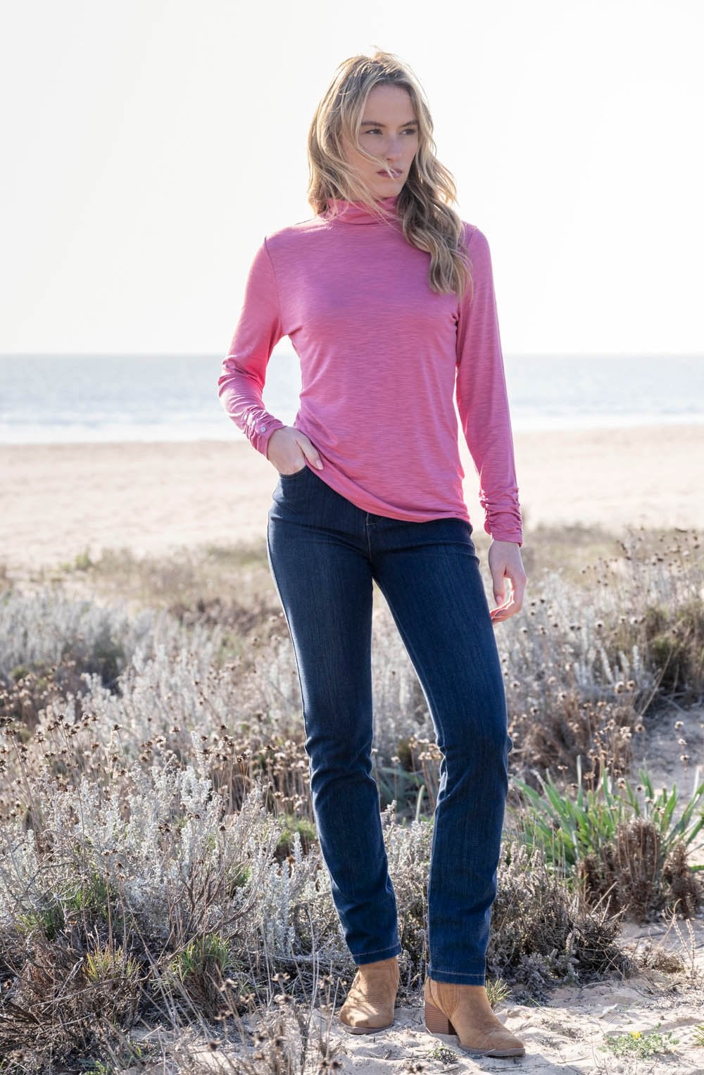 Rose Pink Jersey Polo Neck Top