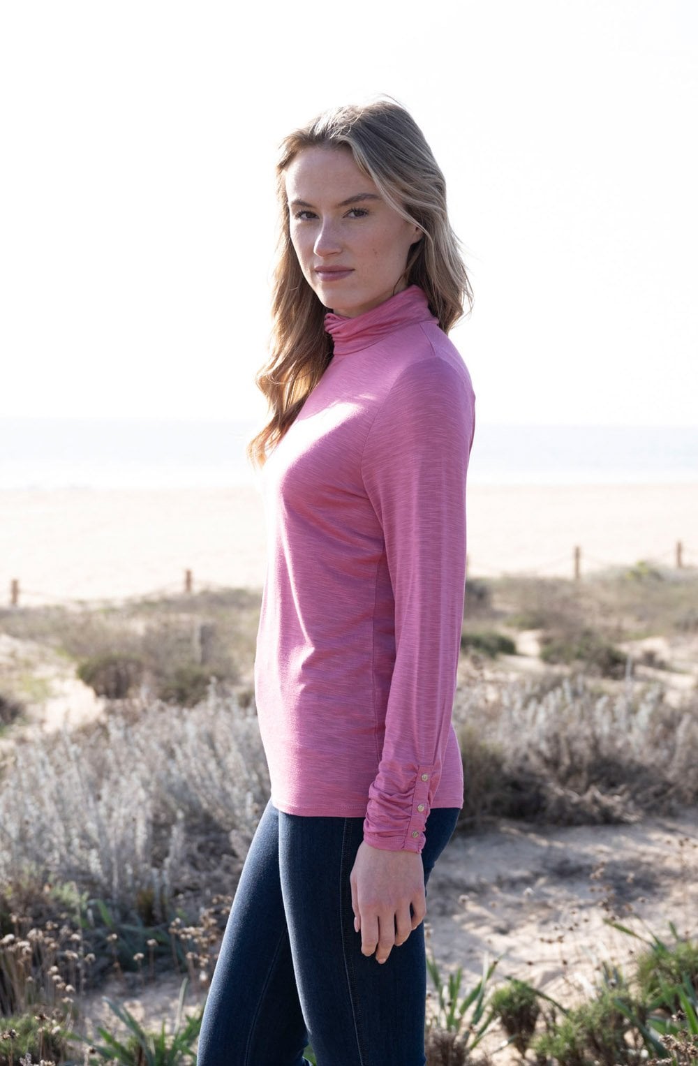 Rose Pink Jersey Polo Neck Top