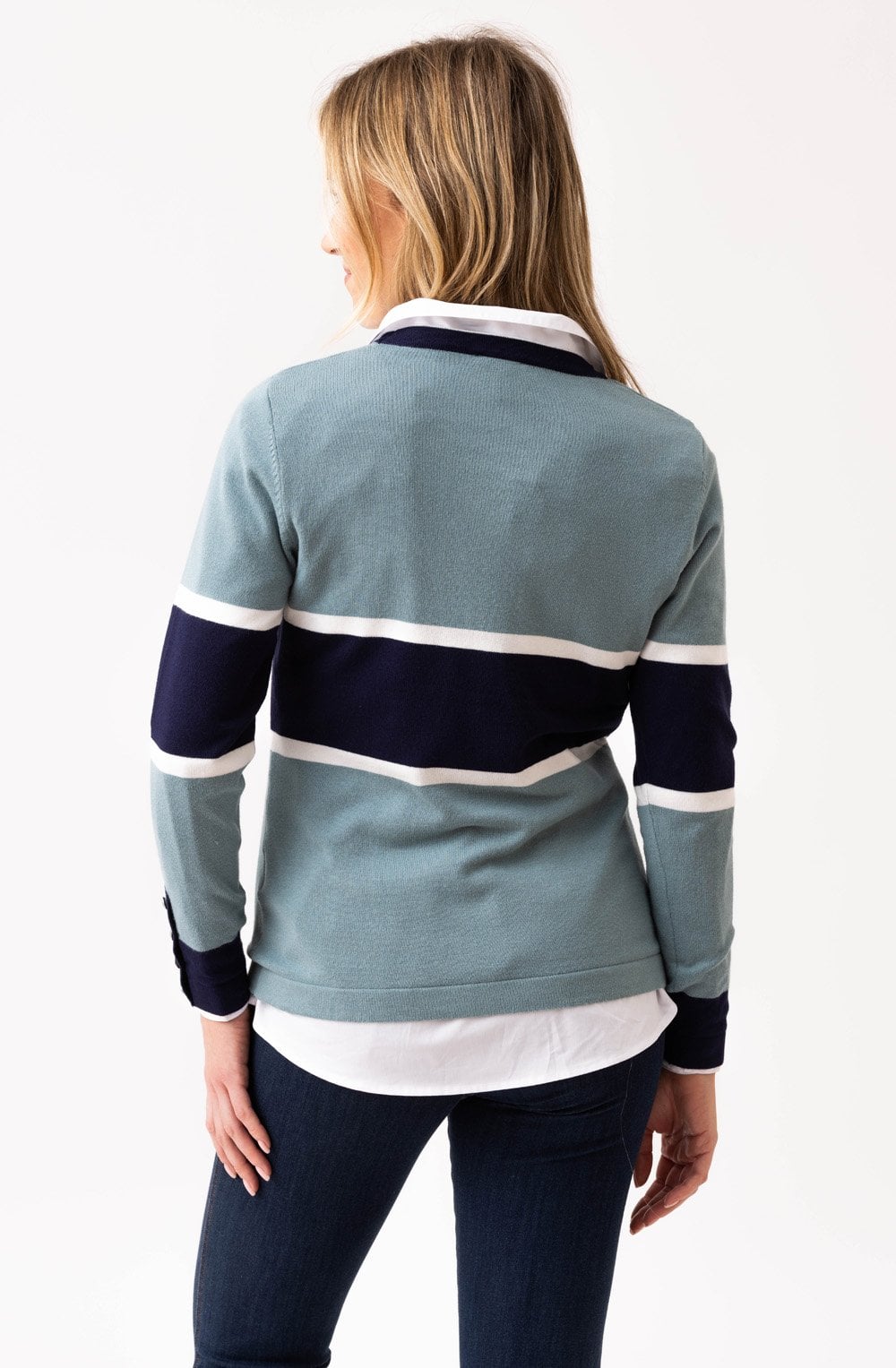 Sea Foam and Navy Faux Pocket Sweater