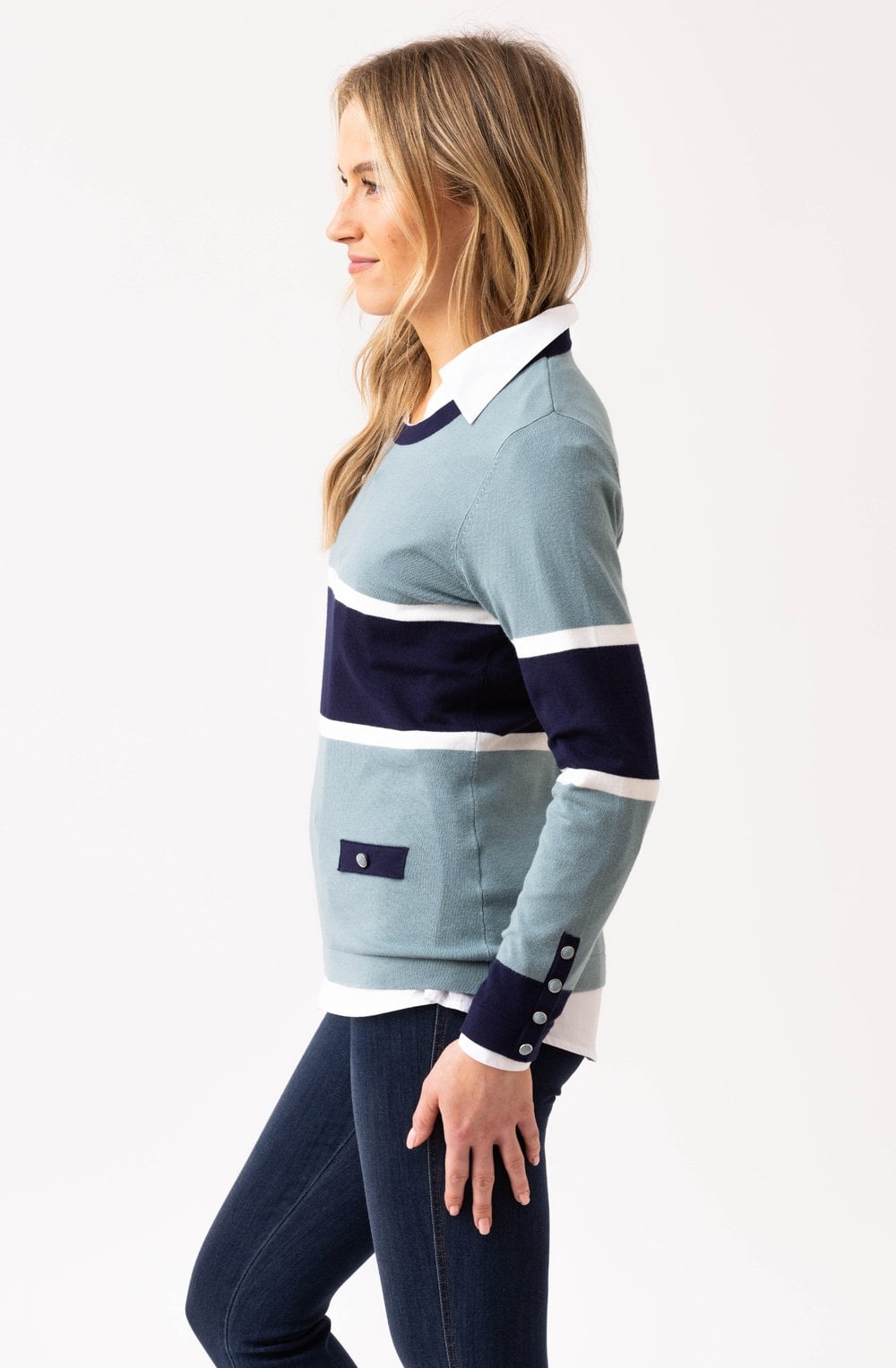 Sea Foam and Navy Faux Pocket Sweater