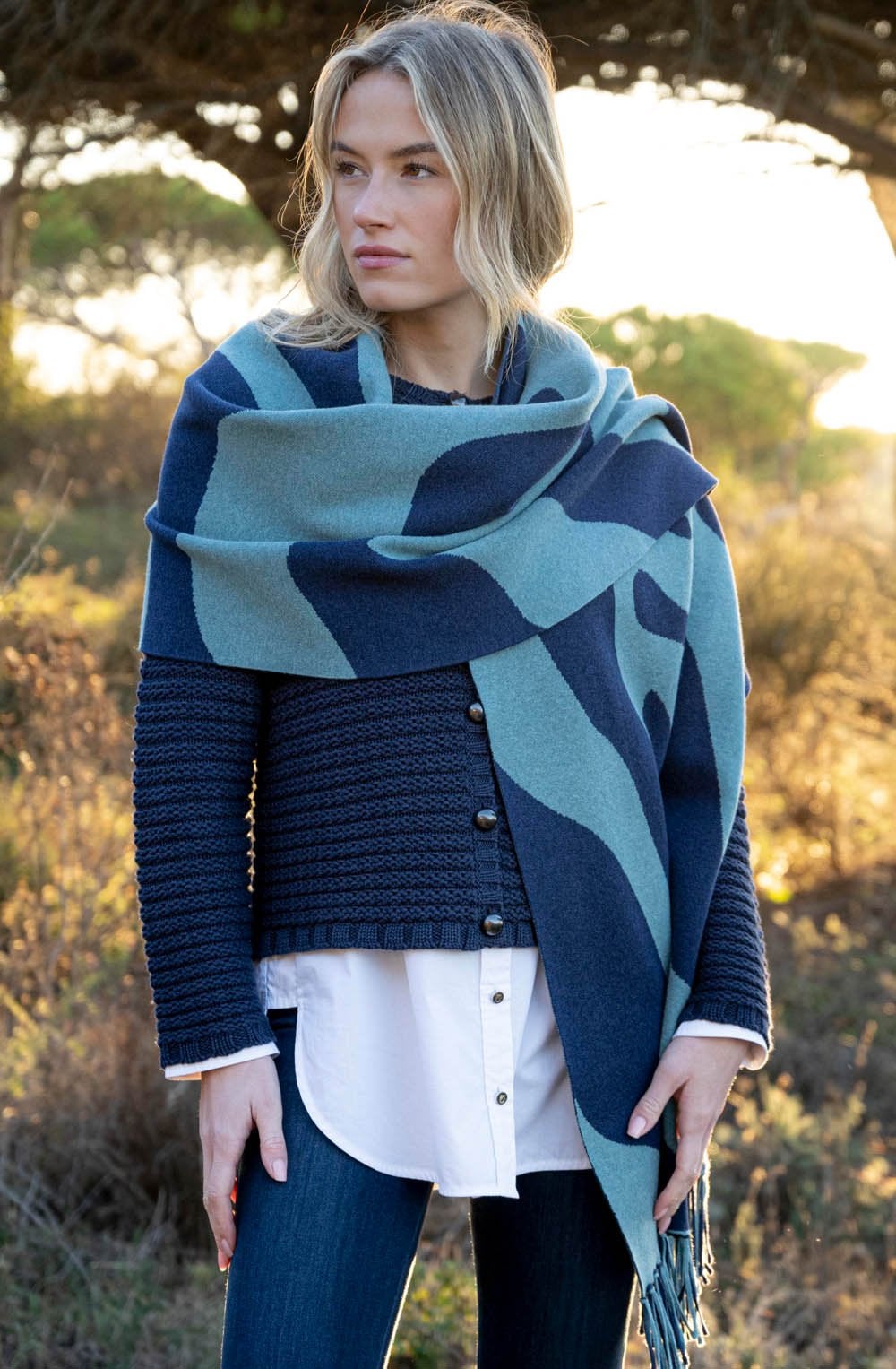 Sea Foam and Navy Oversized Scarf