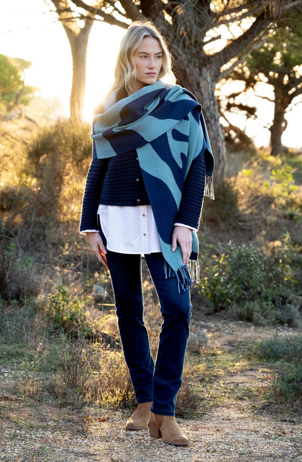 Sea Foam and Navy Oversized Scarf