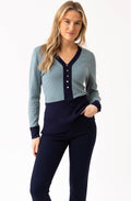Sea Foam and Navy V Neck Fitted Jumper