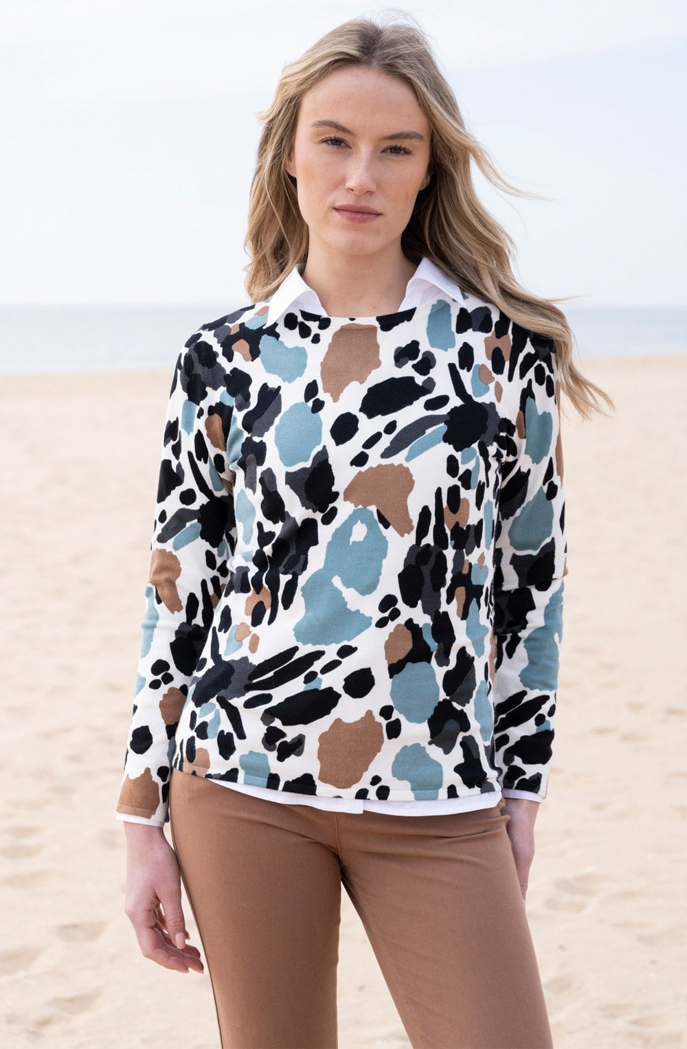 Sea Foam and Tobacco Abstract Print Jumper
