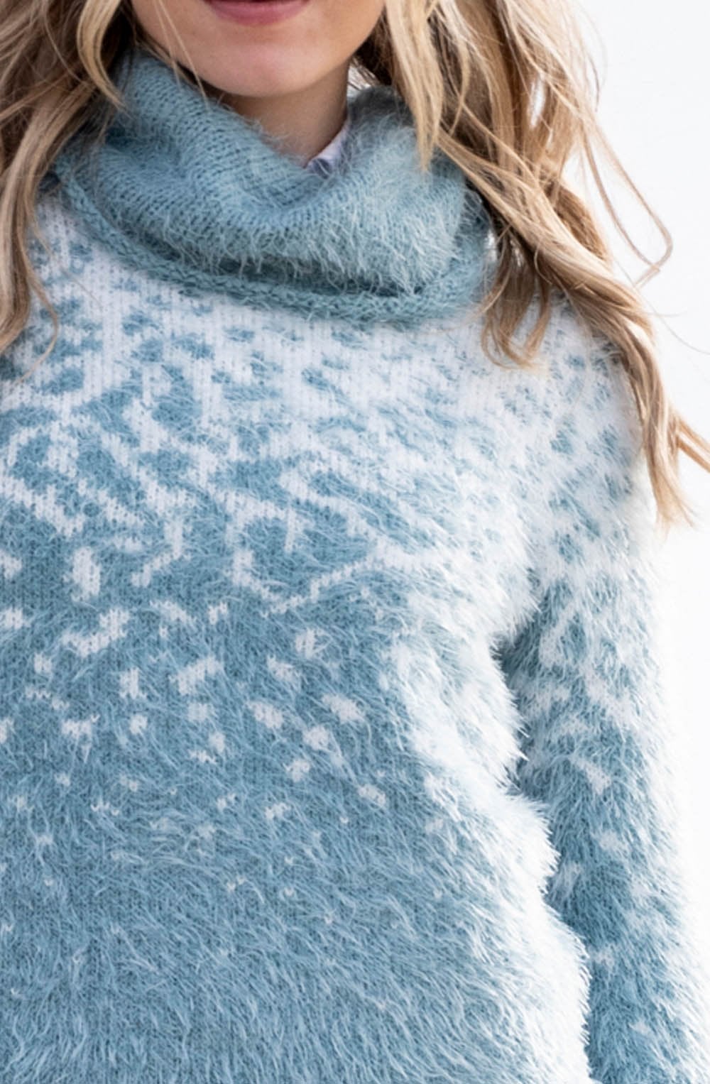 Sea Foam and White Feather Yarn Cowl Neck Jumper