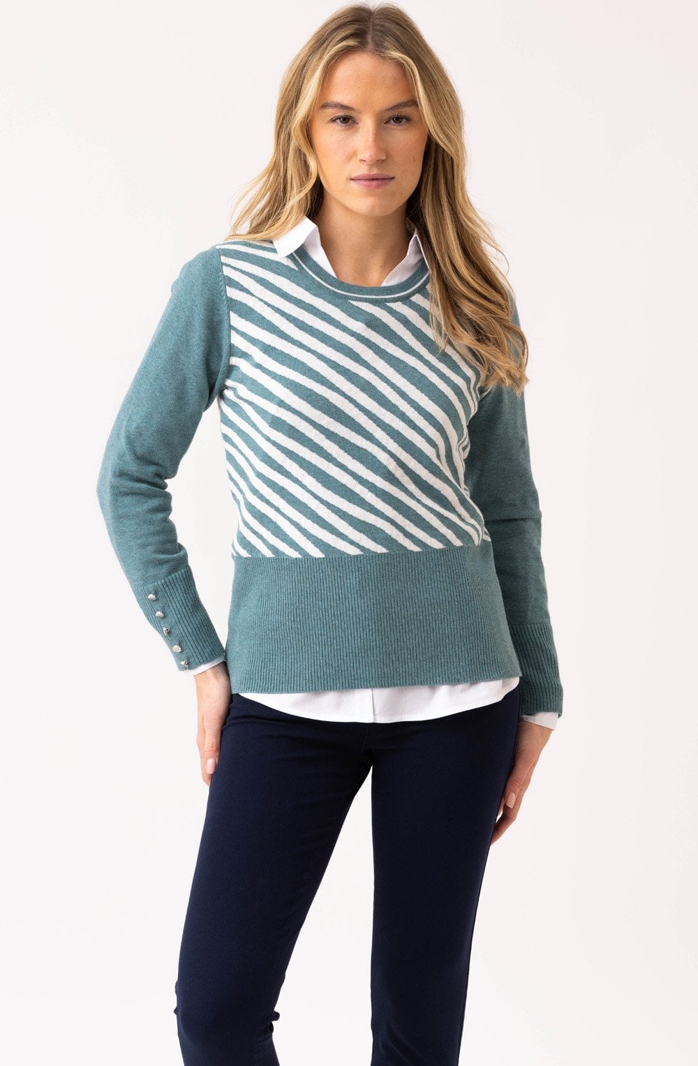 Sea Foam Diagonal Stripes and Colour Block Jumper