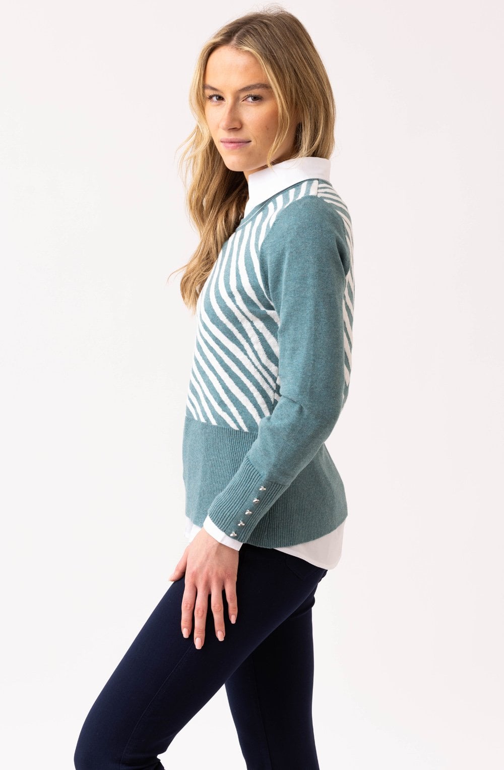 Sea Foam Diagonal Stripes and Colour Block Jumper
