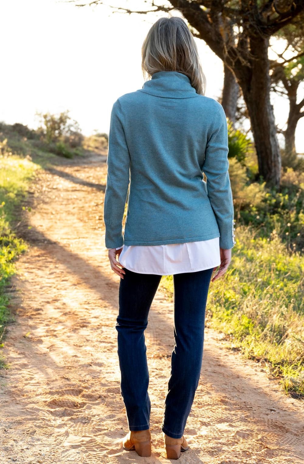 Sea Foam Striped Cowl Neck Fitted Jumper