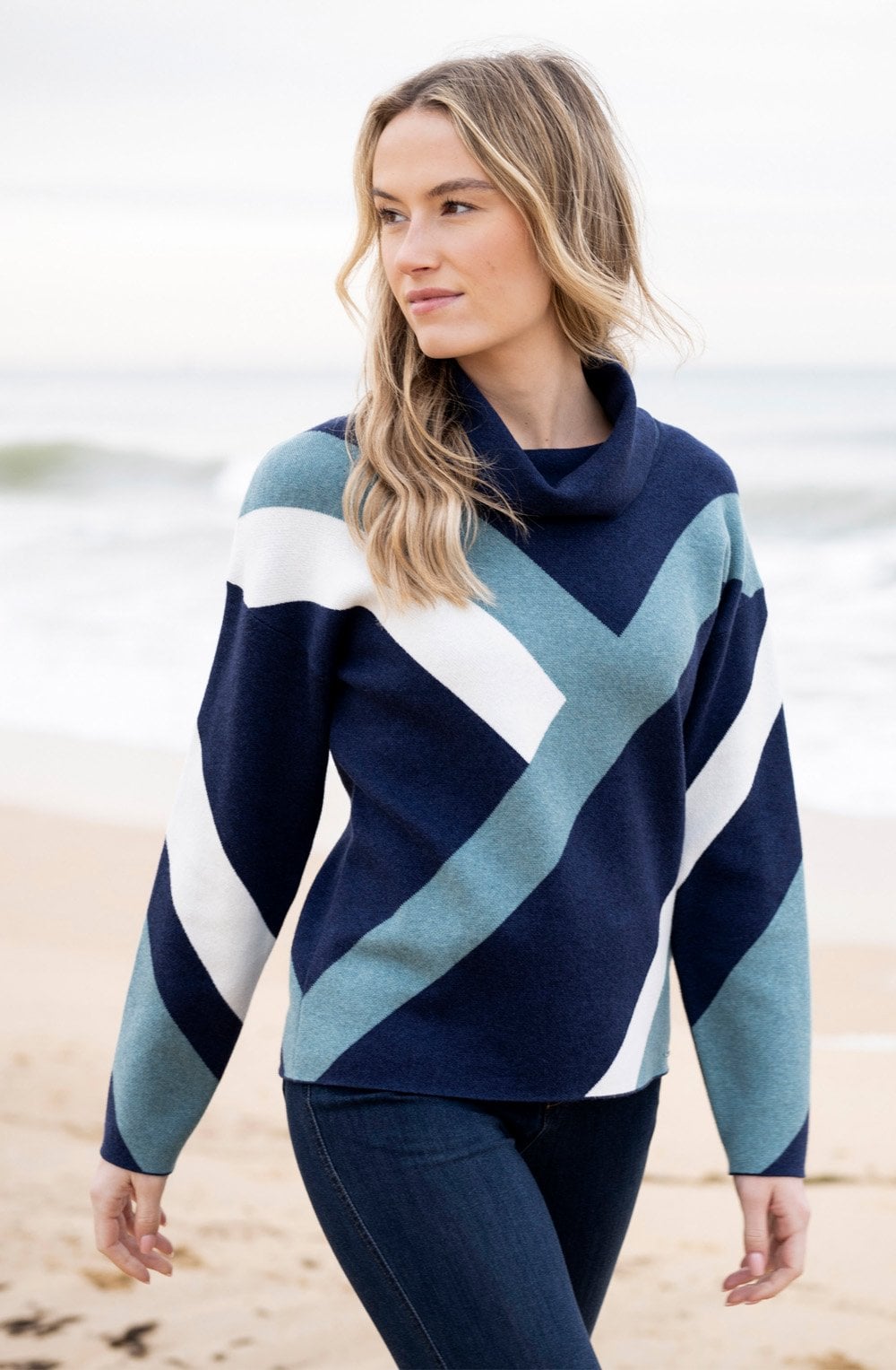 Sea Foam Striped Cowl Neck Jacquard Jumper