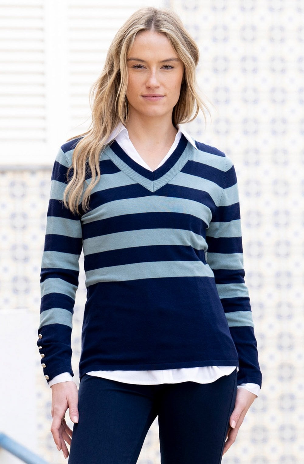 Sea Foam Striped V Neck Jumper