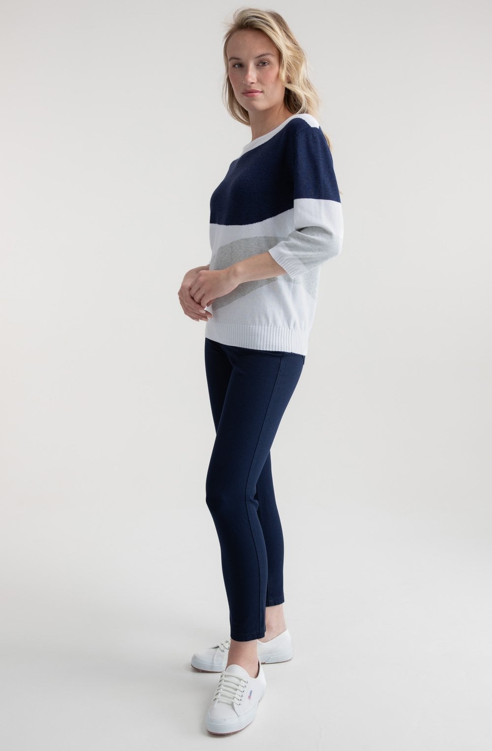 Silver Grey and Navy Abstract Stripe Relaxed Jumper