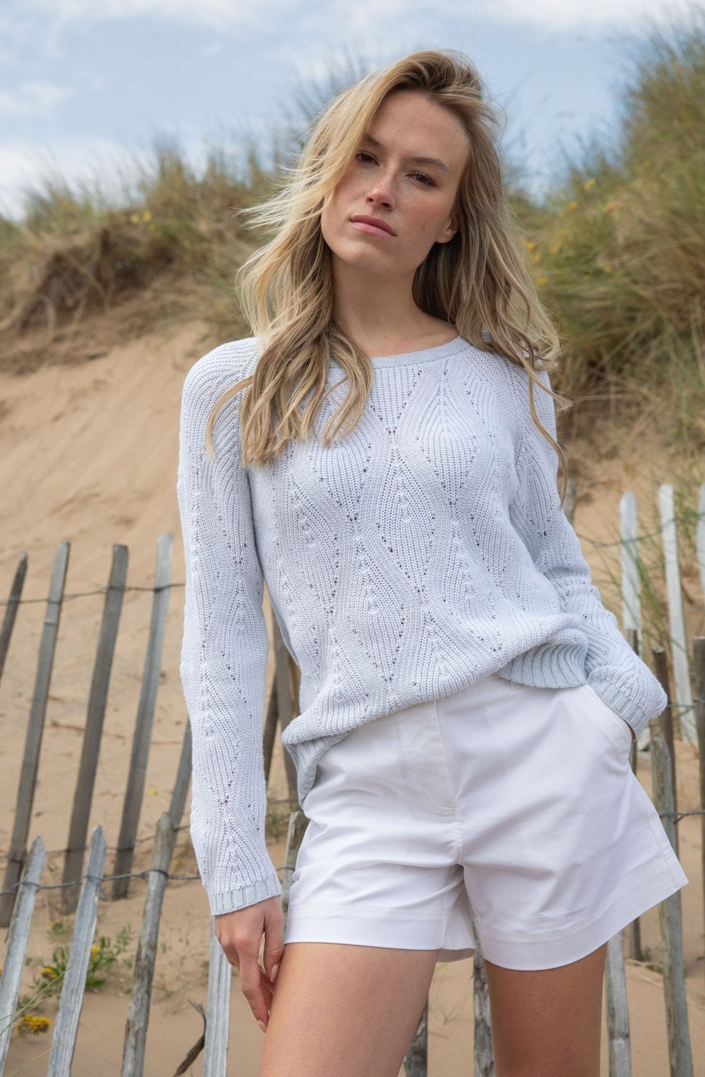 Silver Grey and White Patterned Cable Knit Jumper