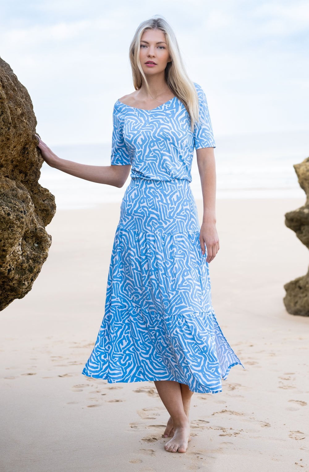 Sky Blue Tiered Jersey Maxi Skirt