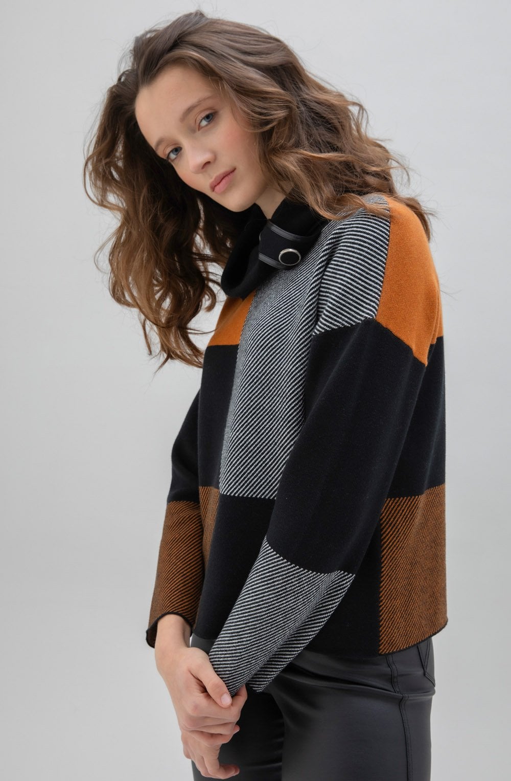 Tan Block Print Jumper with Cowl Neck