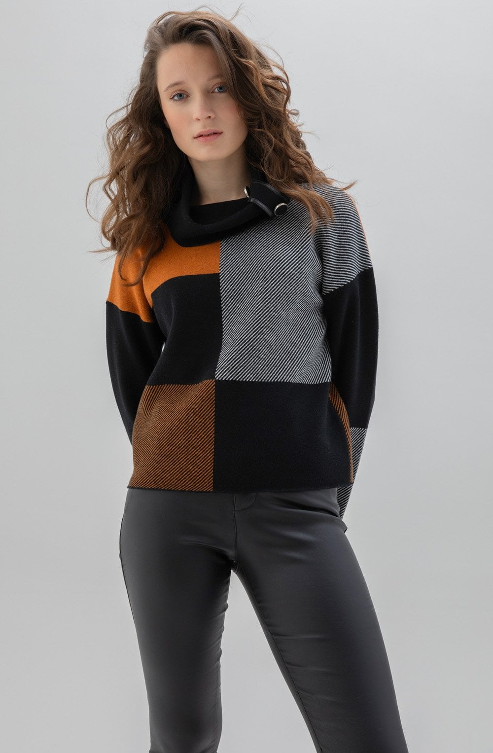 Tan Block Print Jumper with Cowl Neck