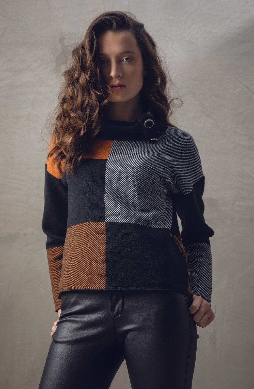 Tan Block Print Jumper with Cowl Neck