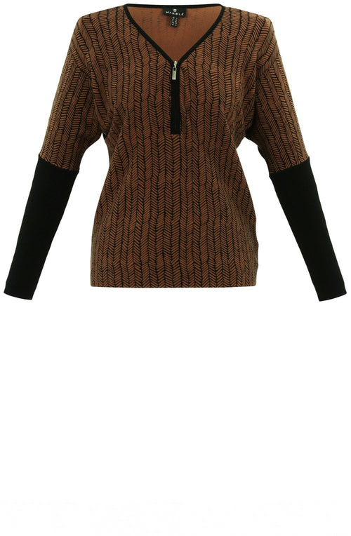 Tan Chevron V Neck Zip Sweater