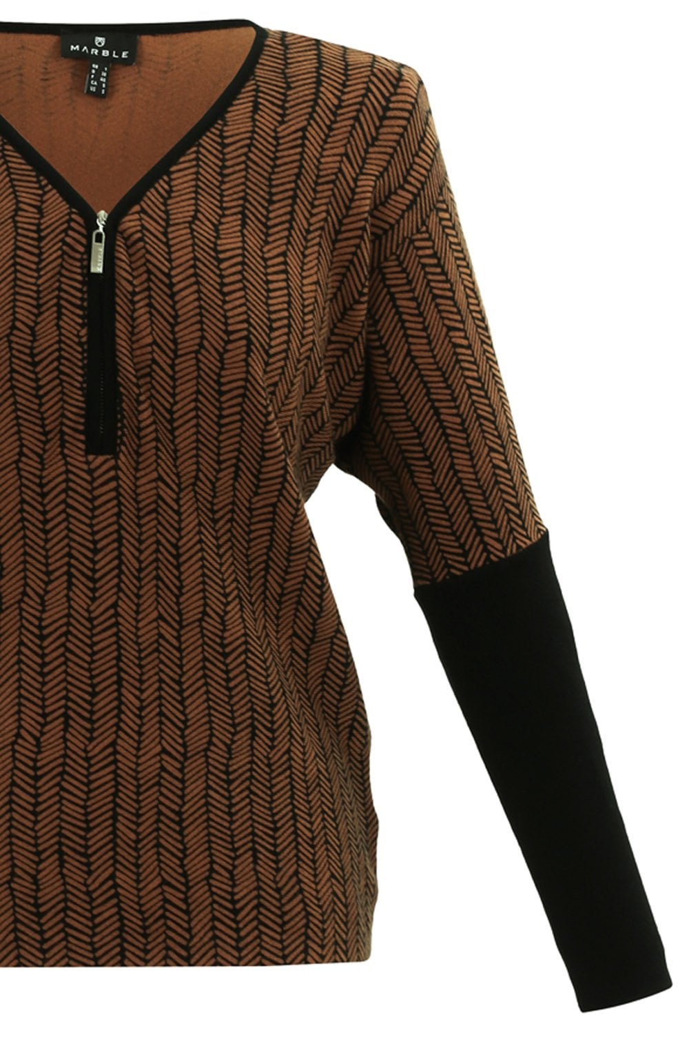 Tan Chevron V Neck Zip Sweater