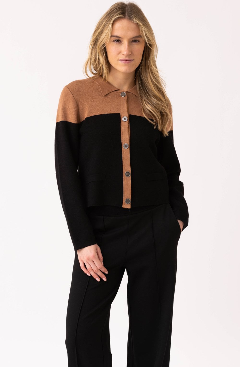 Tobacco and Black Colour Block Collared Cardigan