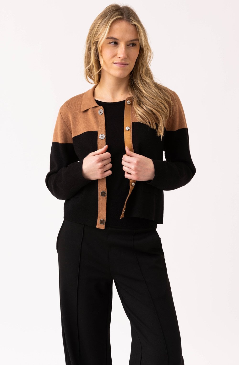 Tobacco and Black Colour Block Collared Cardigan