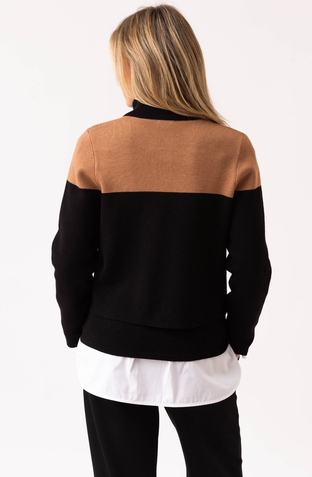 Tobacco and Black Colour Block Collared Cardigan