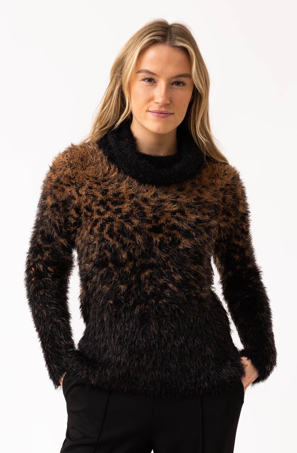 Tobacco and Black Feather Yarn Cowl Neck Jumper