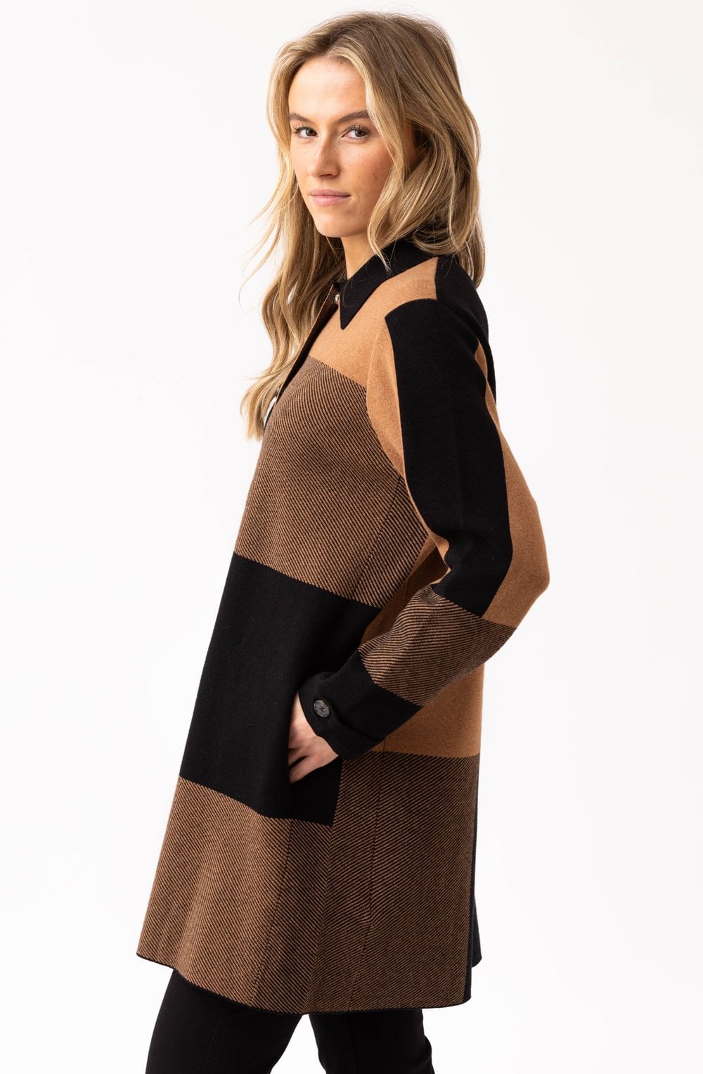 Tobacco and Black Knitted Shirt Jacket