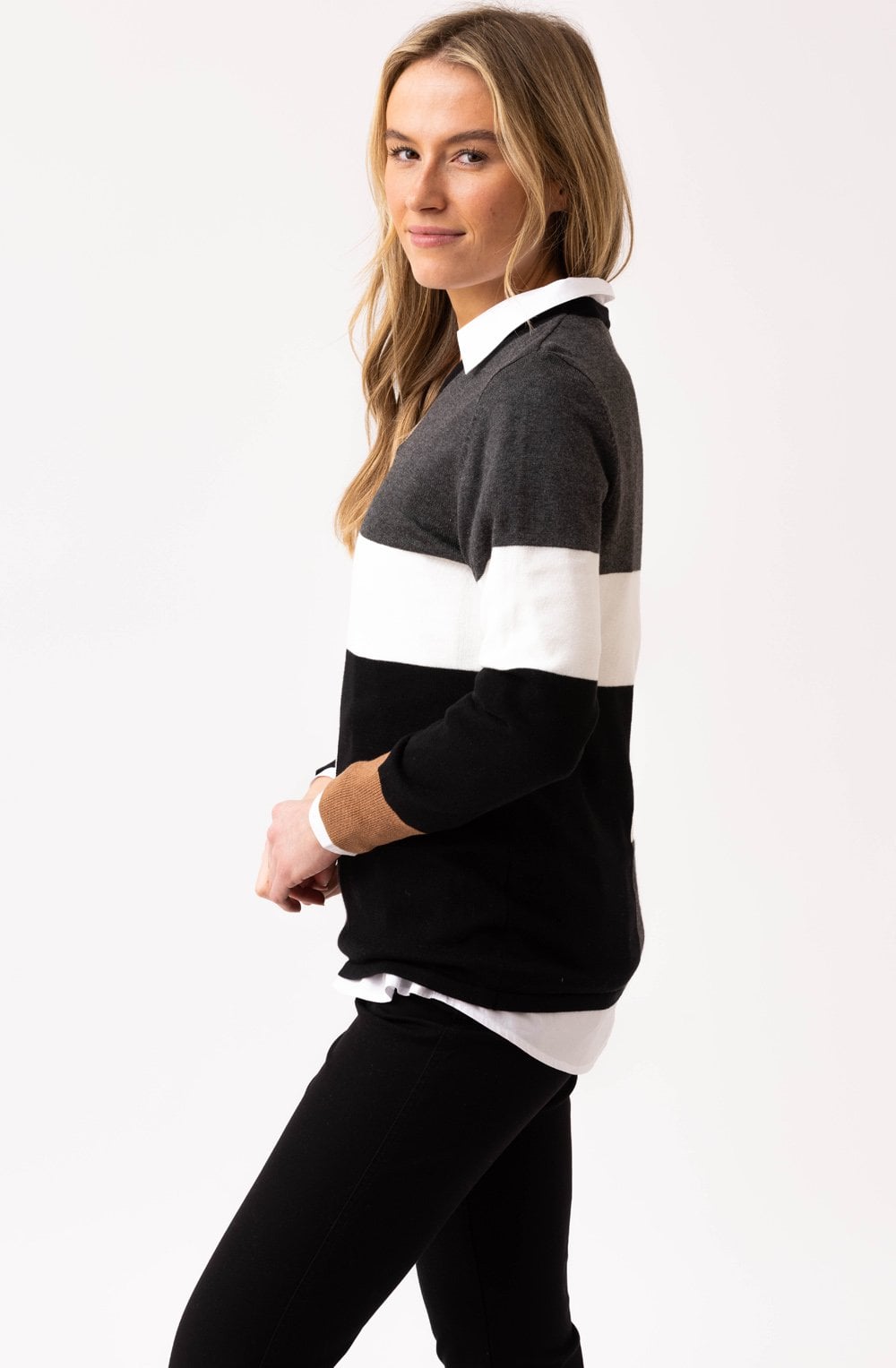 Tobacco and Charcoal Asymmetric Colour Block Jumper
