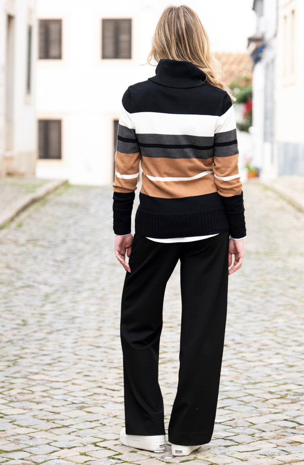 Tobacco and Charcoal Striped Cowl Neck Jumper