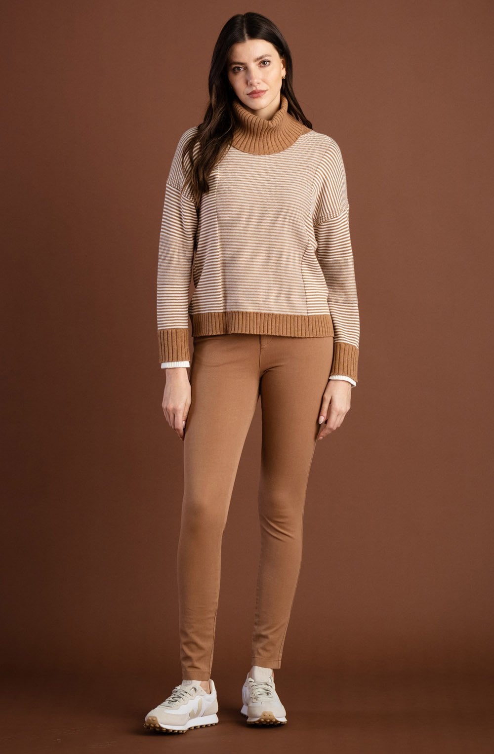 Tobacco and Cream Contrast Knit Jumper with Removeable Snood