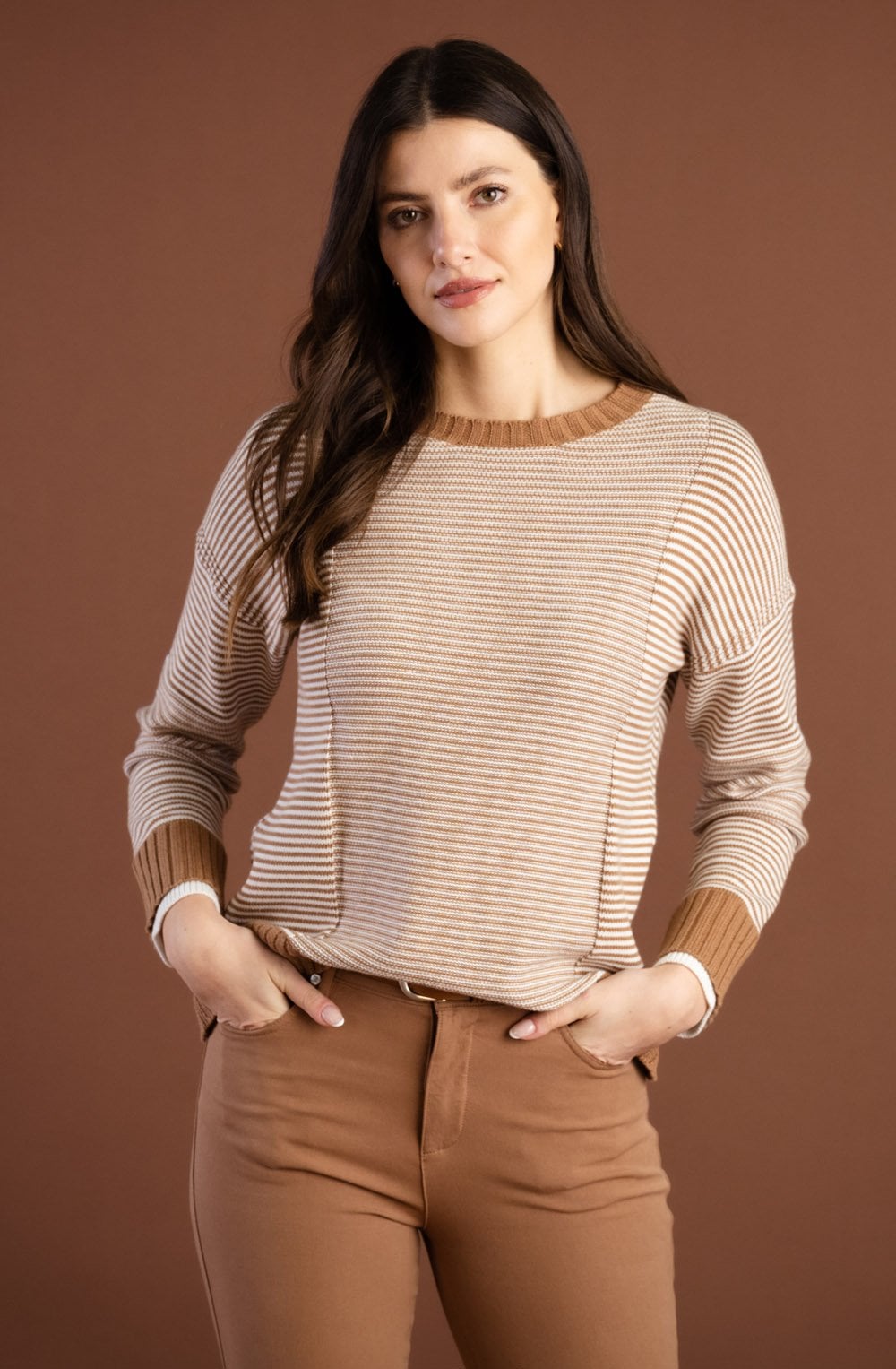 Tobacco and Cream Contrast Knit Jumper with Removeable Snood